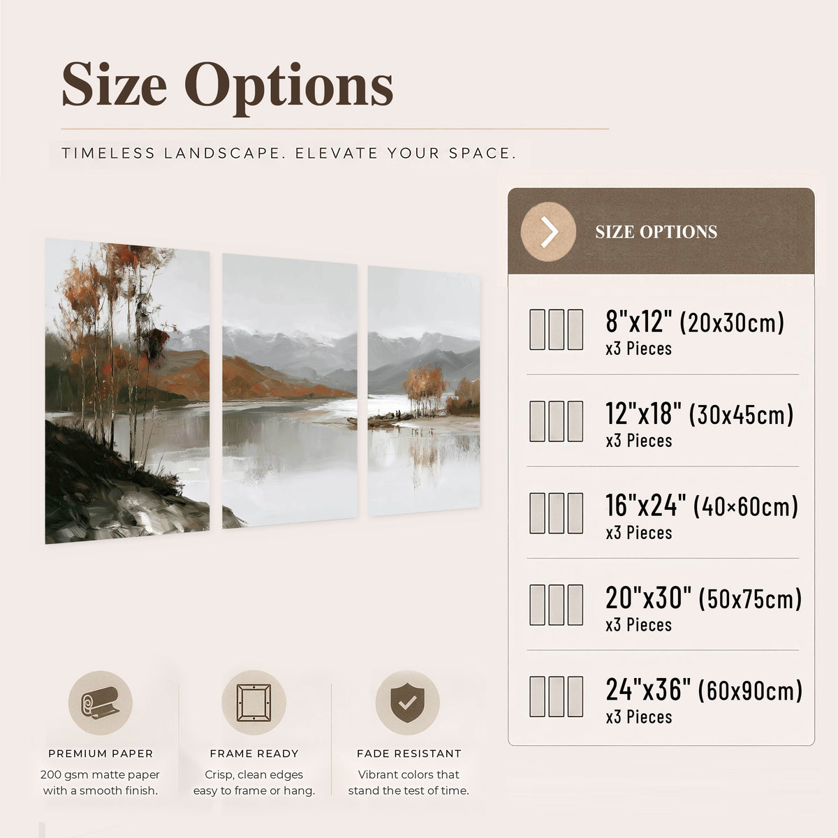 Misty mountain lake autumn painting set of 3 poster prints size options