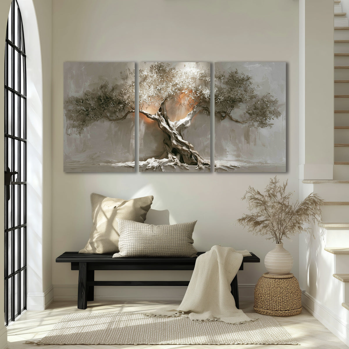 Glowing olive tree painting 3 piece canvas wall art in an entryway above a bench