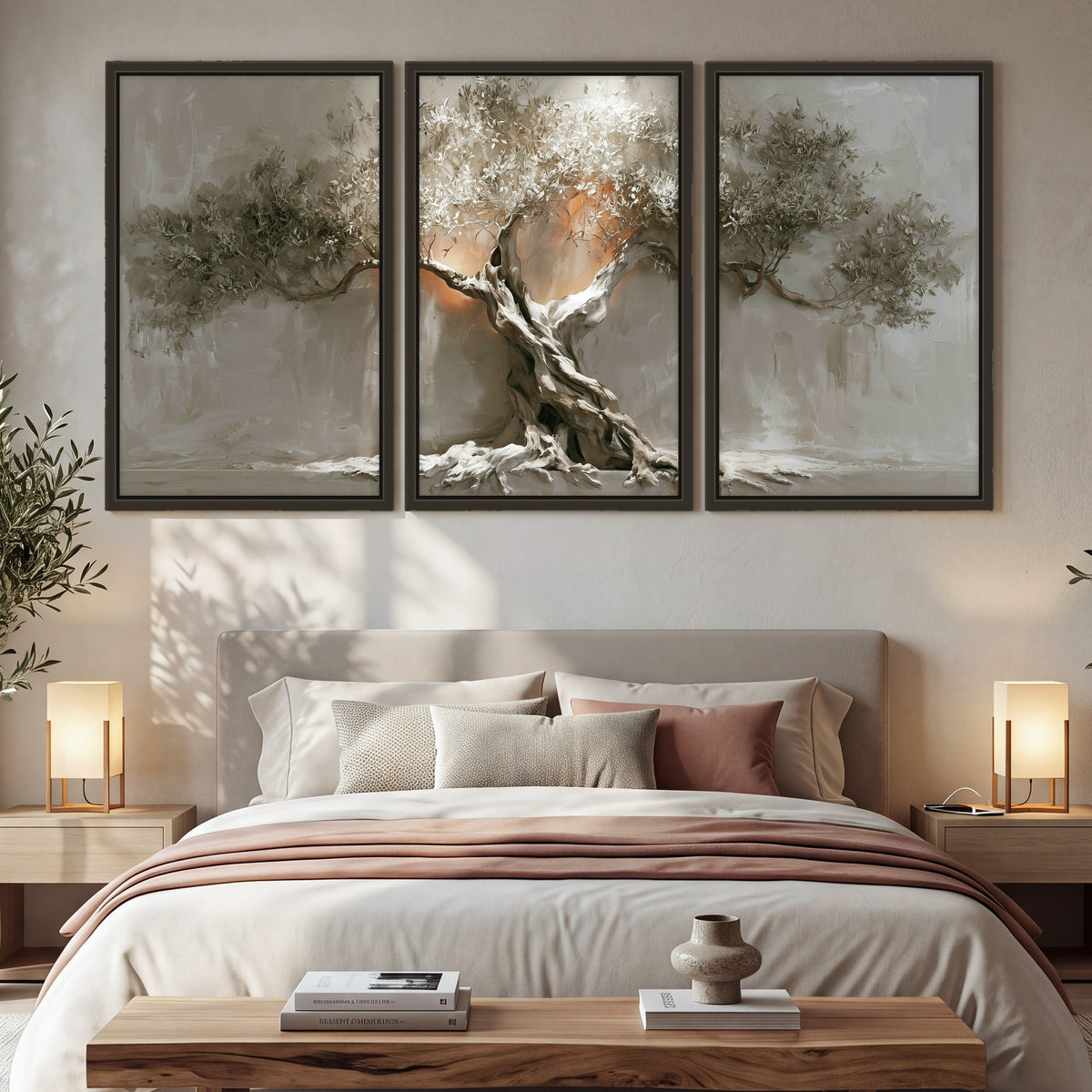 Glowing olive tree painting 3 piece framed canvas in a bedroom above the bed