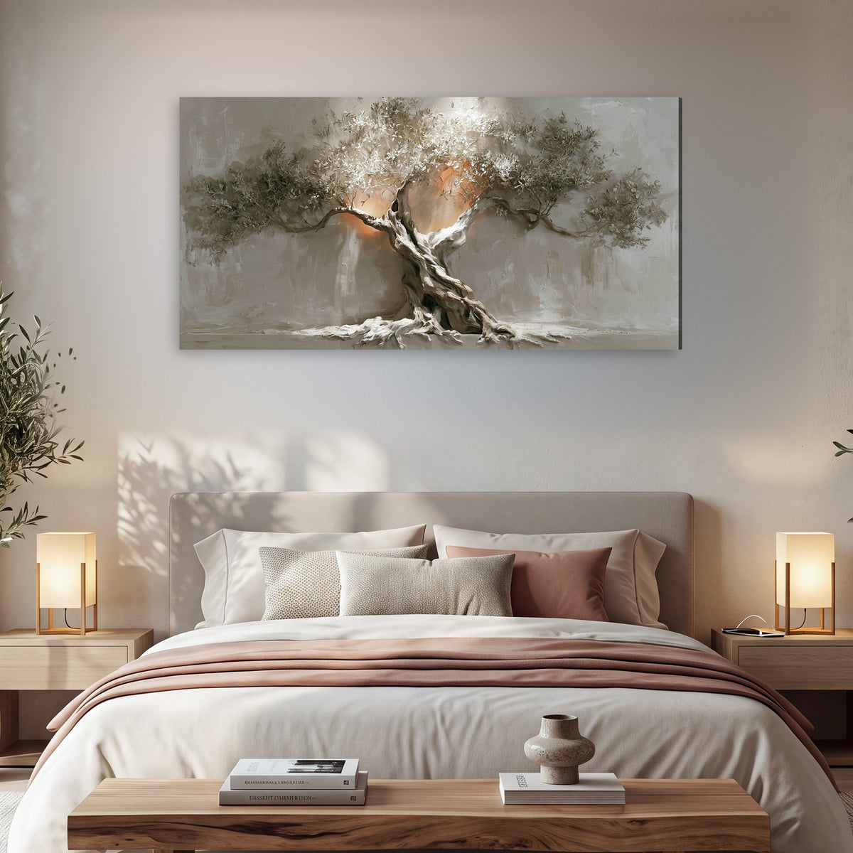 Glowing olive tree painting canvas wall art in a bedroom above the bed