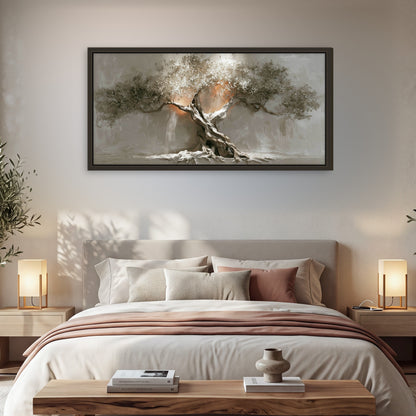 Glowing olive tree painting framed canvas wall art in a bedroom above the bed
