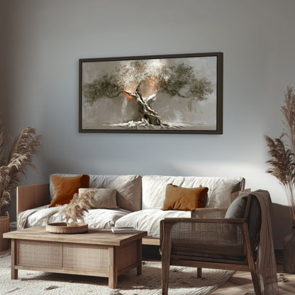 Glowing olive tree painting framed canvas wall art in a rustic living room