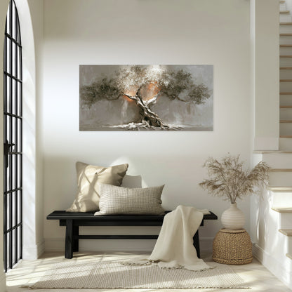 Glowing olive tree painting poster print in an entryway above a bench