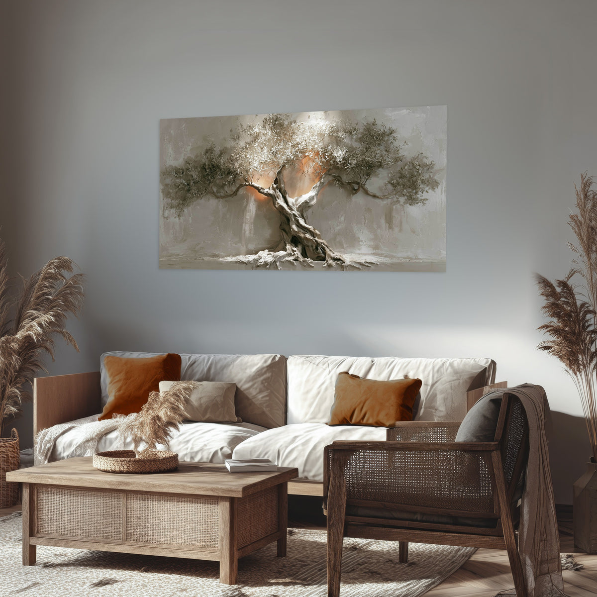Glowing olive tree painting poster print in a rustic living room