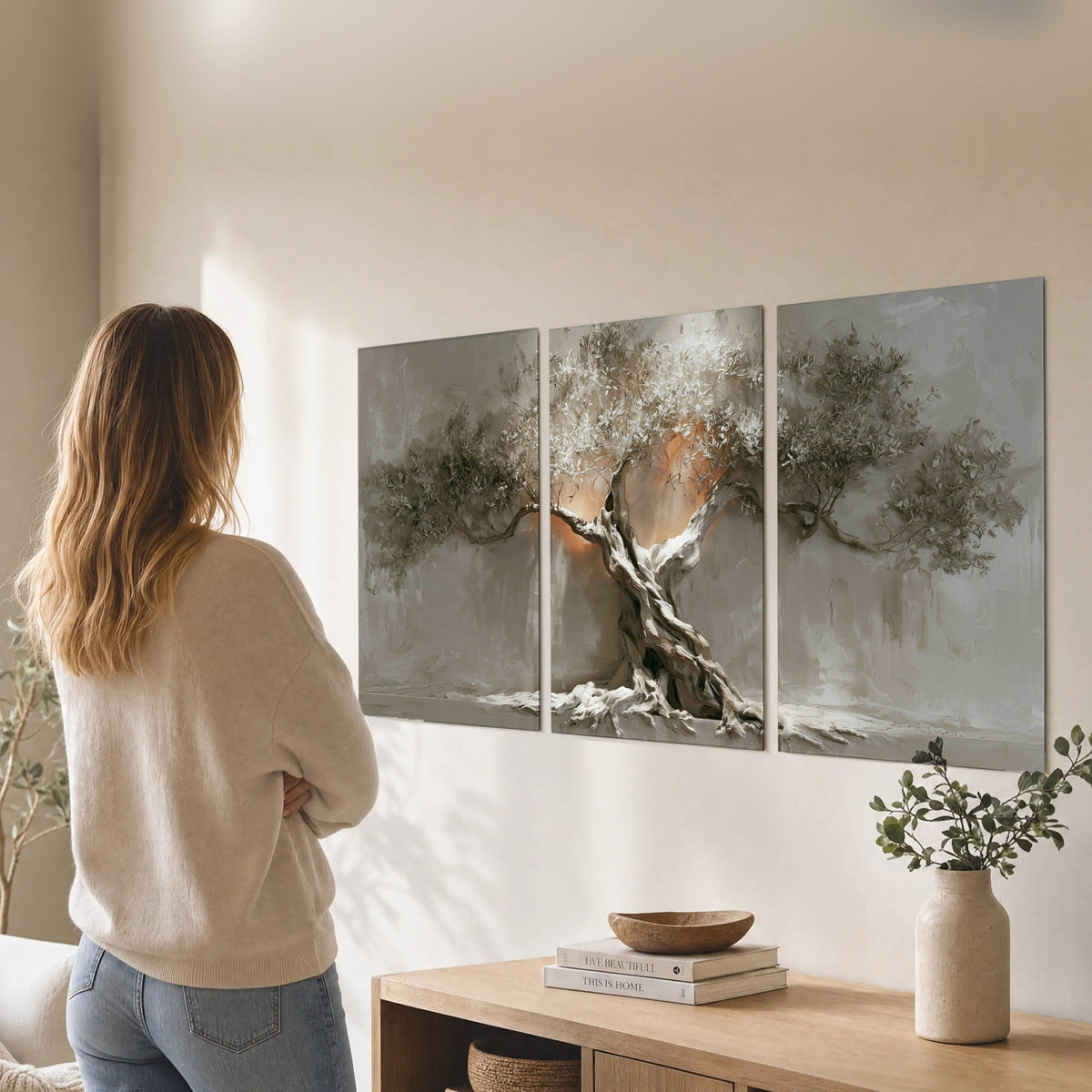 Glowing olive tree painting set of 3 poster prints in a living room