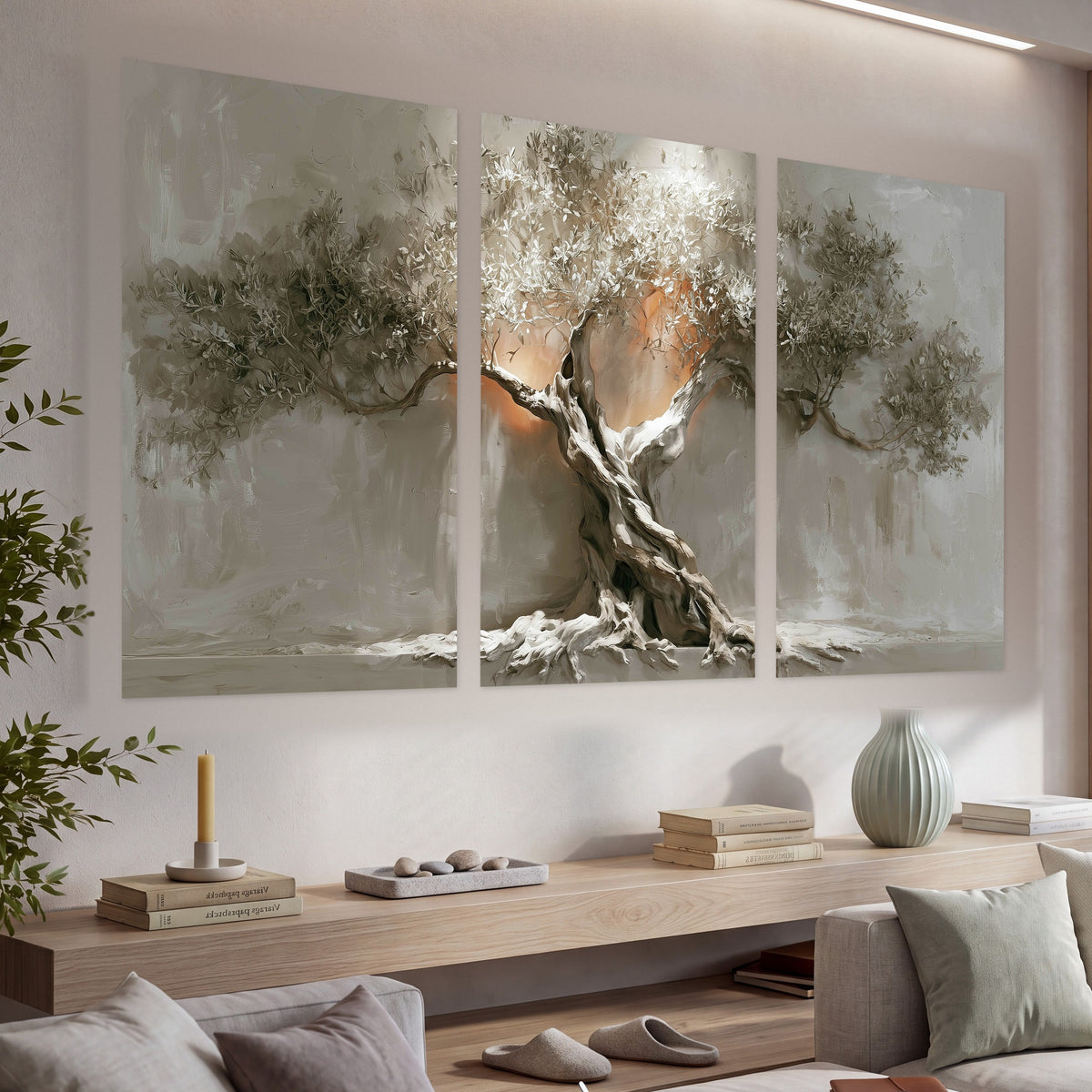 Glowing olive tree painting set of 3 poster prints in a living room above a console