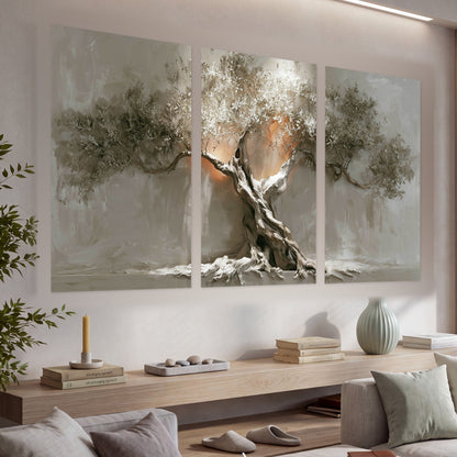 Glowing olive tree painting set of 3 poster prints in a living room above a console