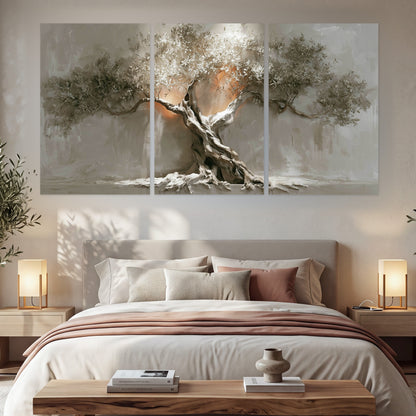 Glowing olive tree painting set of 3 poster prints in a bedroom above the bed
