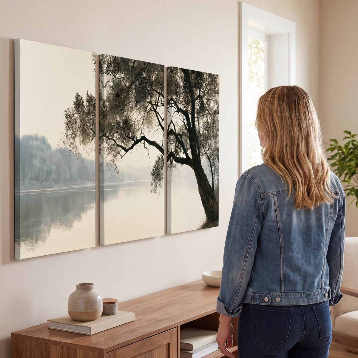 Tree silhouette misty lake painting 3 piece canvas wall art in a living room