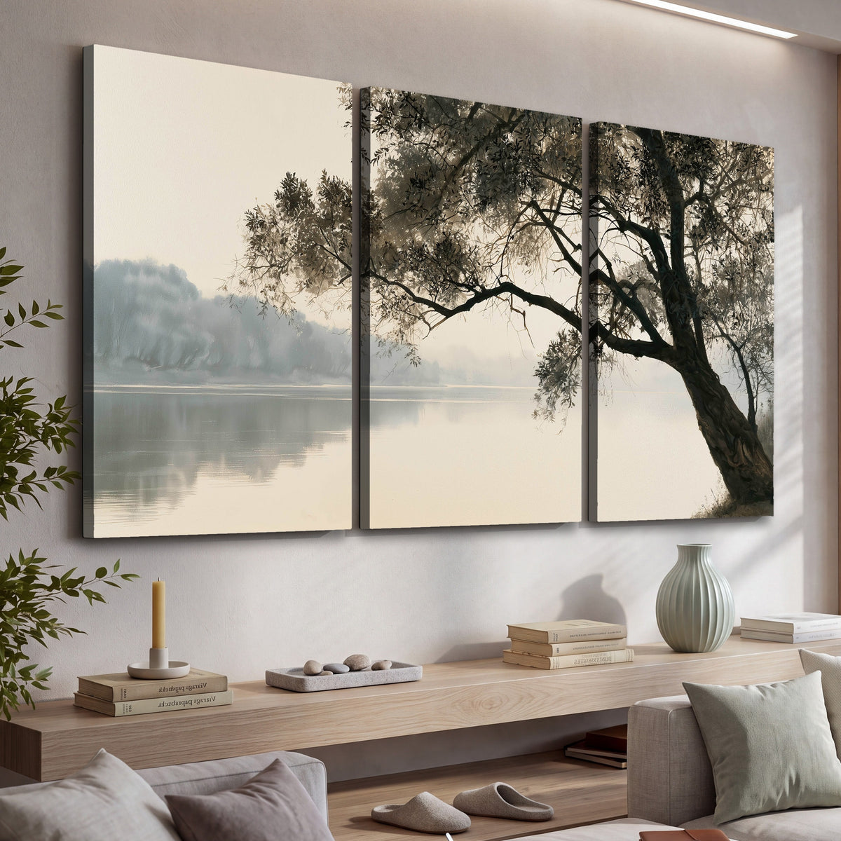 Tree silhouette misty lake painting 3 piece canvas wall art in a living room above a console