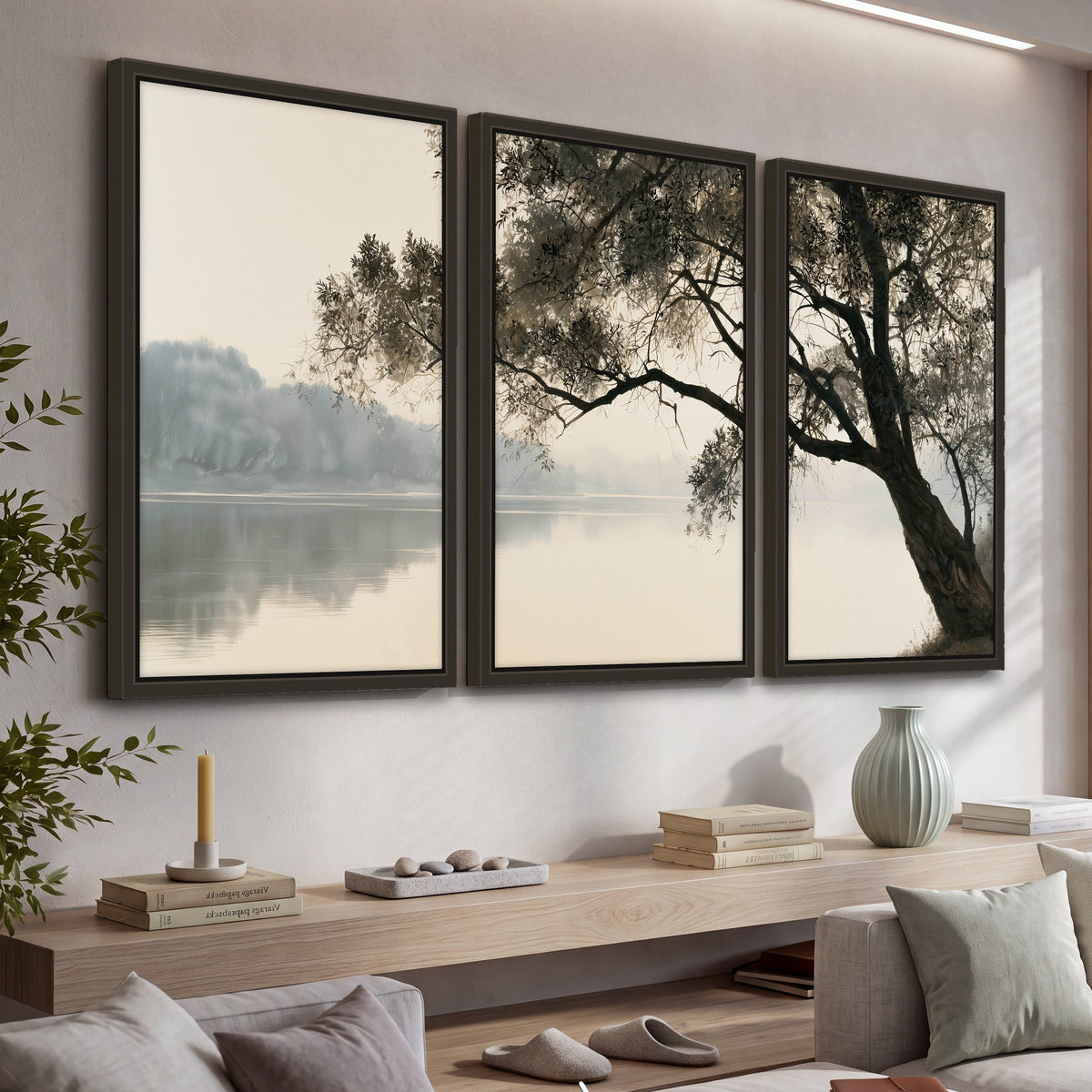Tree silhouette misty lake painting 3 piece framed canvas in a living room above a console