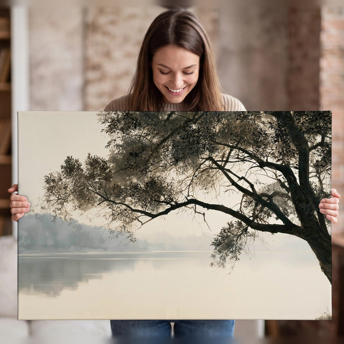 Tree silhouette misty lake painting canvas wall art held in hands