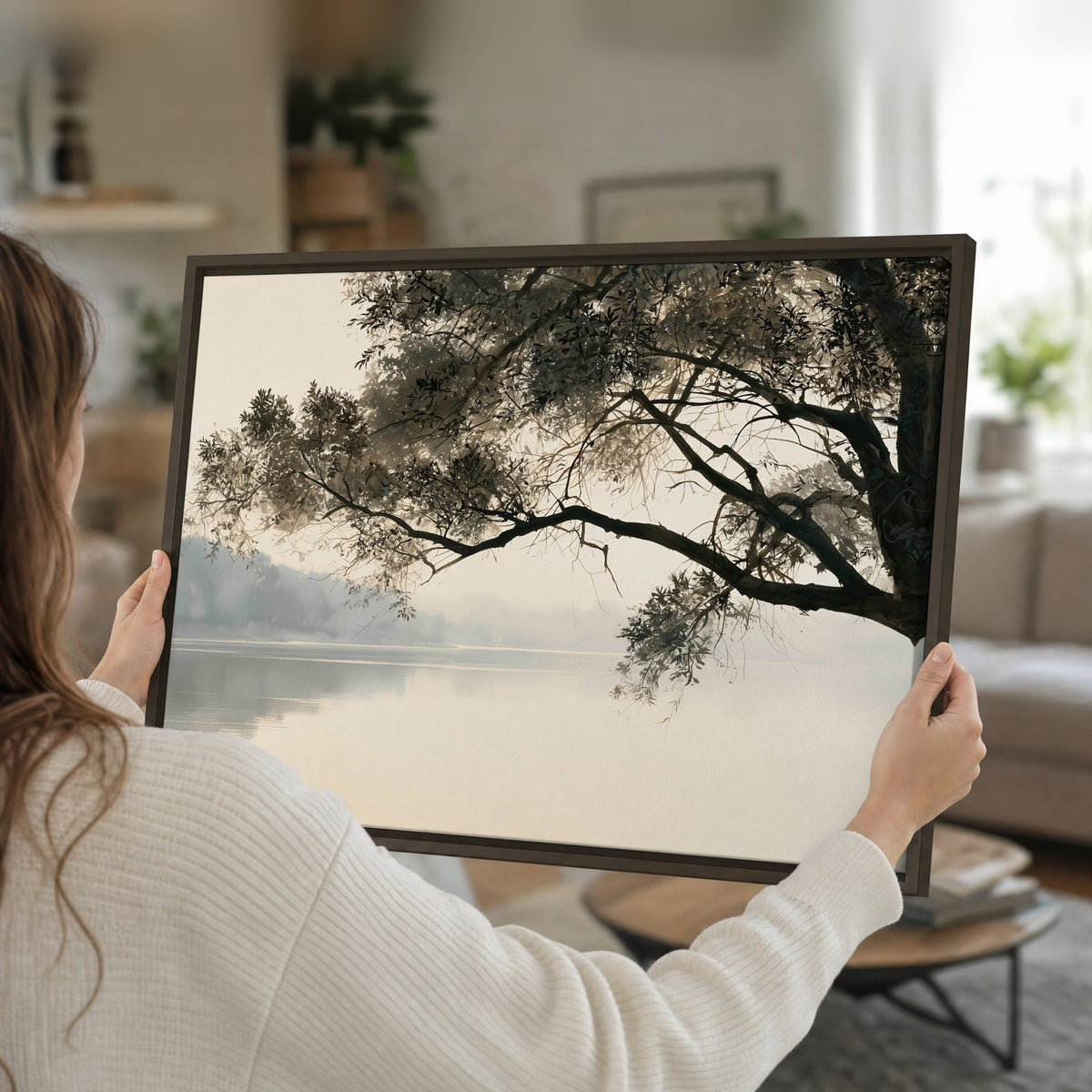 Tree silhouette misty lake painting framed canvas held in hands