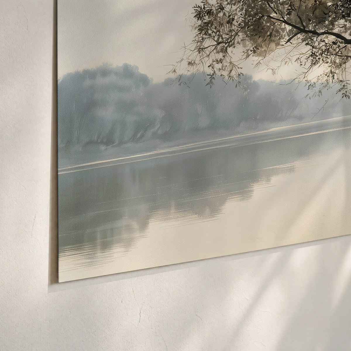 Tree silhouette misty lake painting poster print close-up on matte paper