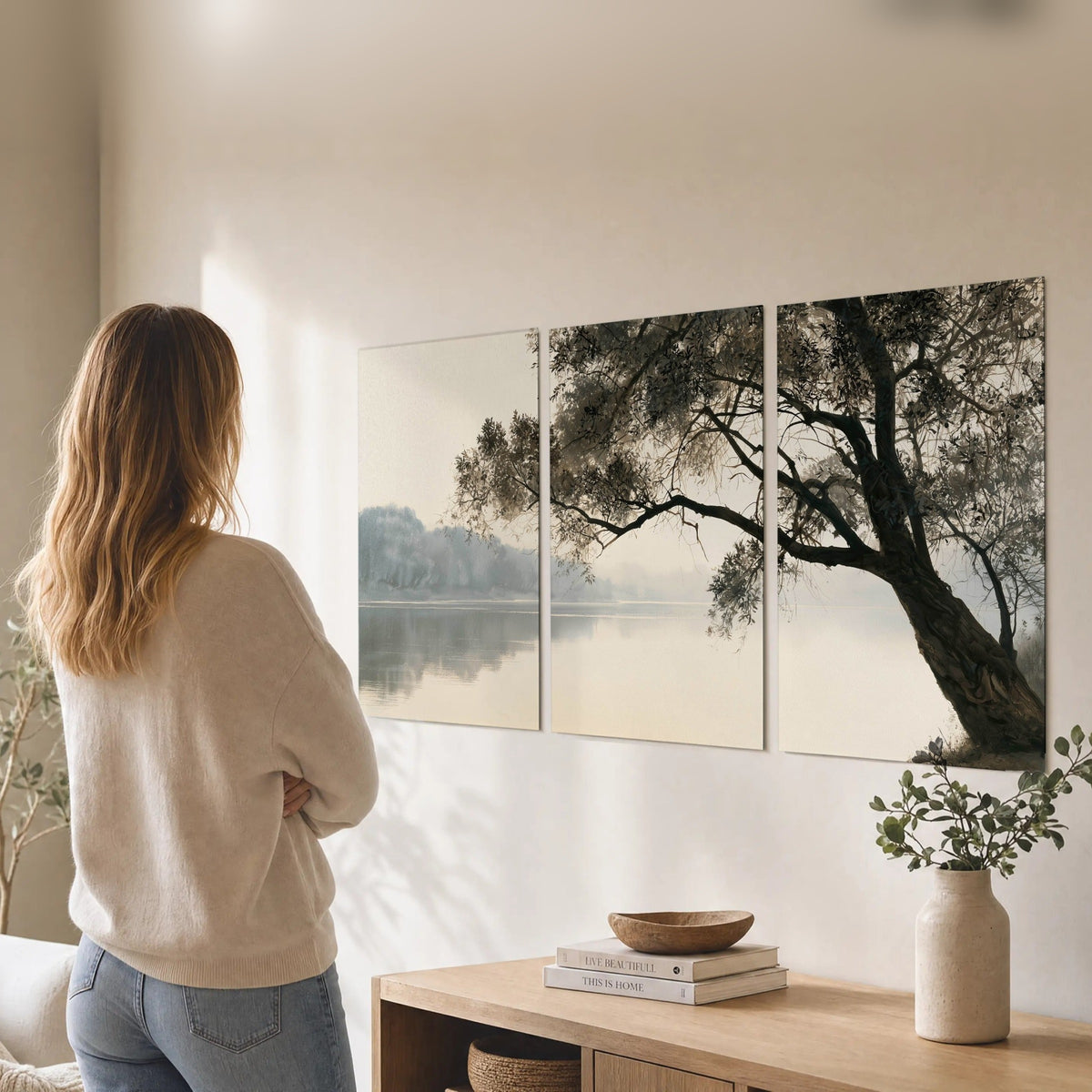 Tree silhouette misty lake painting set of 3 poster prints in a living room