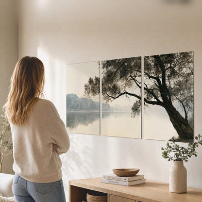 Tree silhouette misty lake painting set of 3 poster prints in a living room