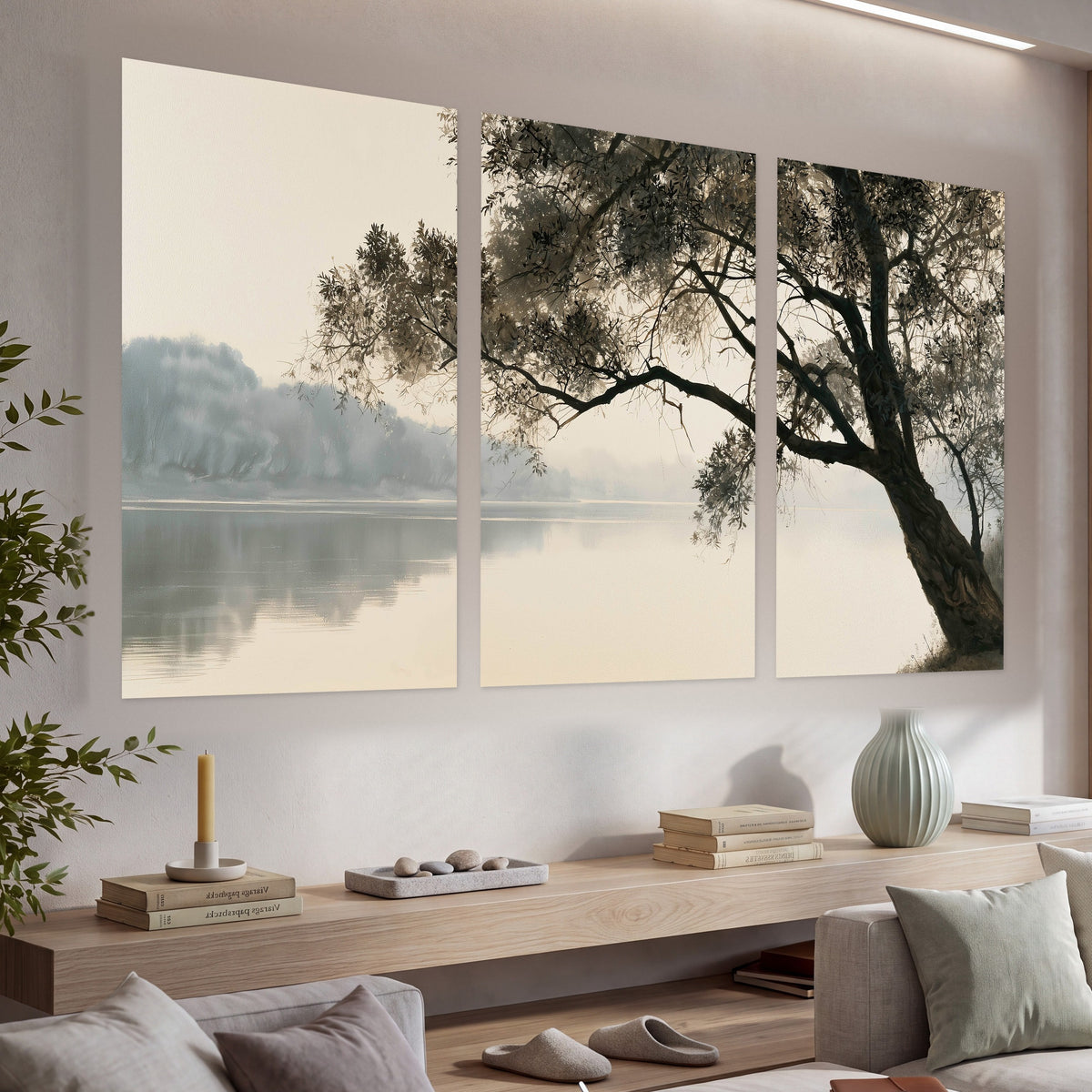 Tree silhouette misty lake painting set of 3 poster prints in a living room above a console
