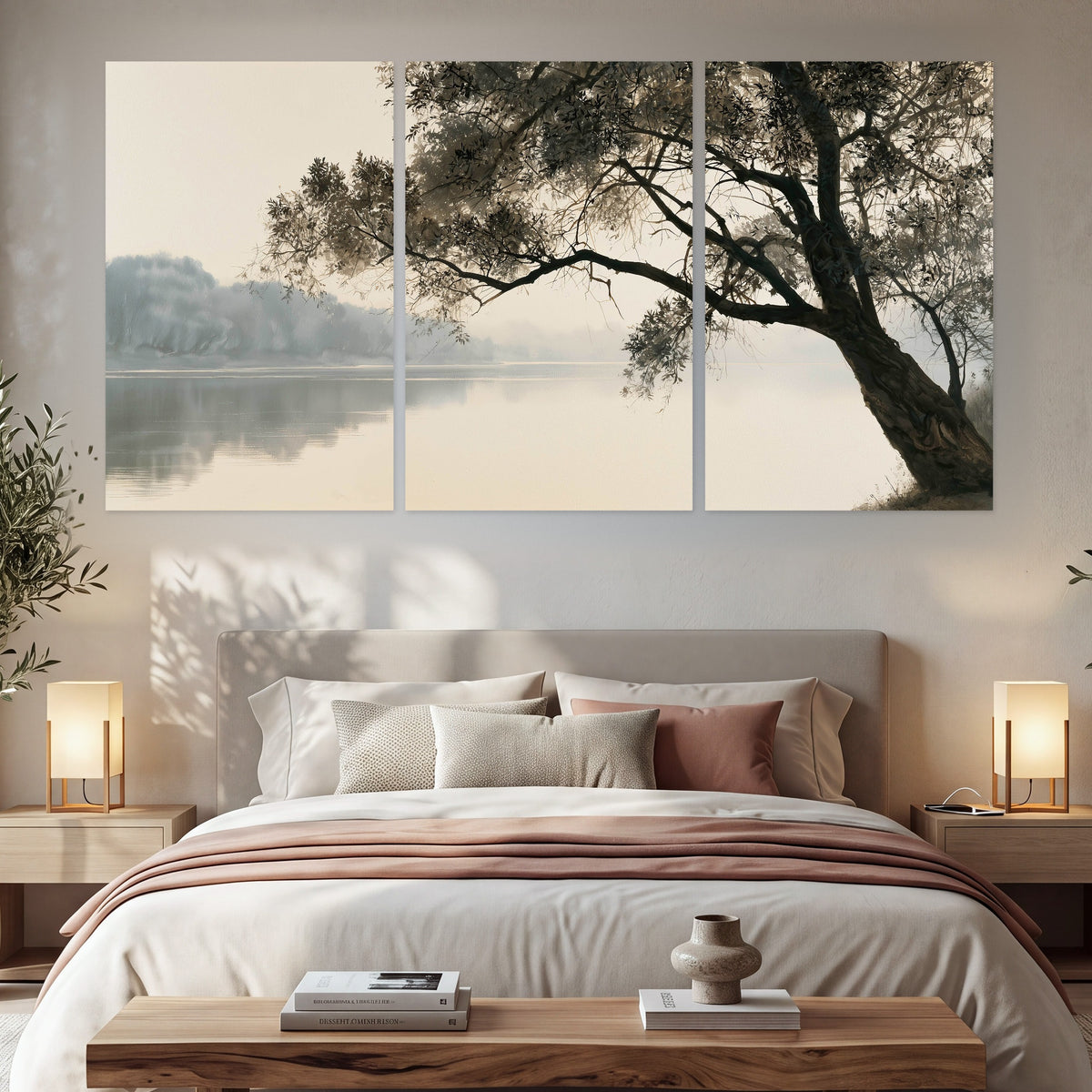 Tree silhouette misty lake painting set of 3 poster prints in a bedroom above the bed