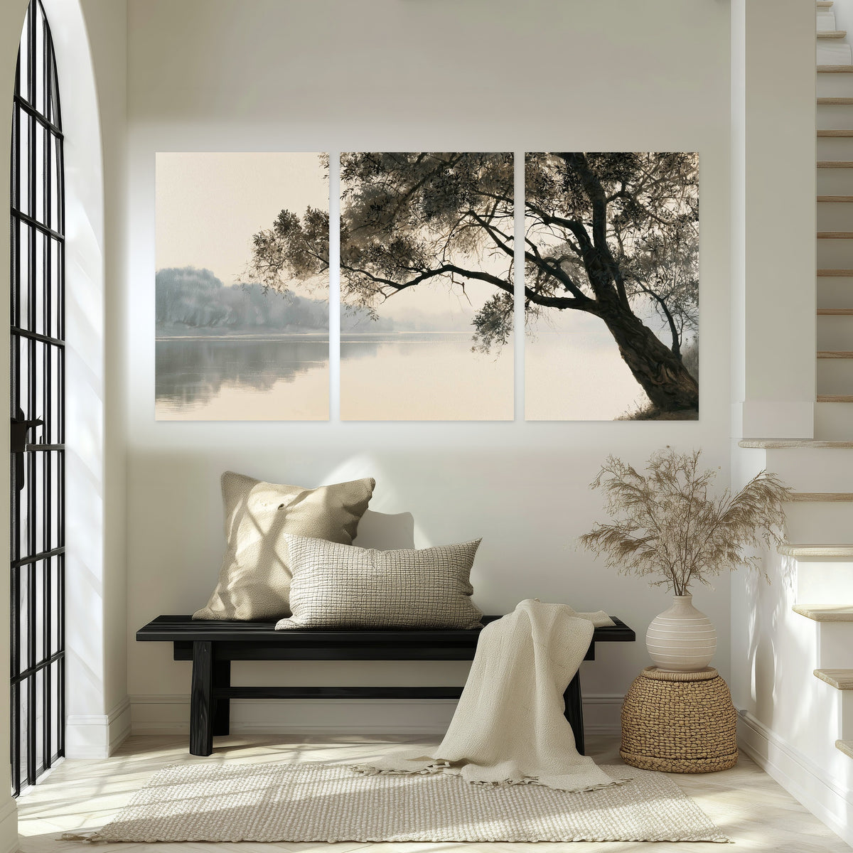 Tree silhouette misty lake painting set of 3 poster prints in an entryway above a bench