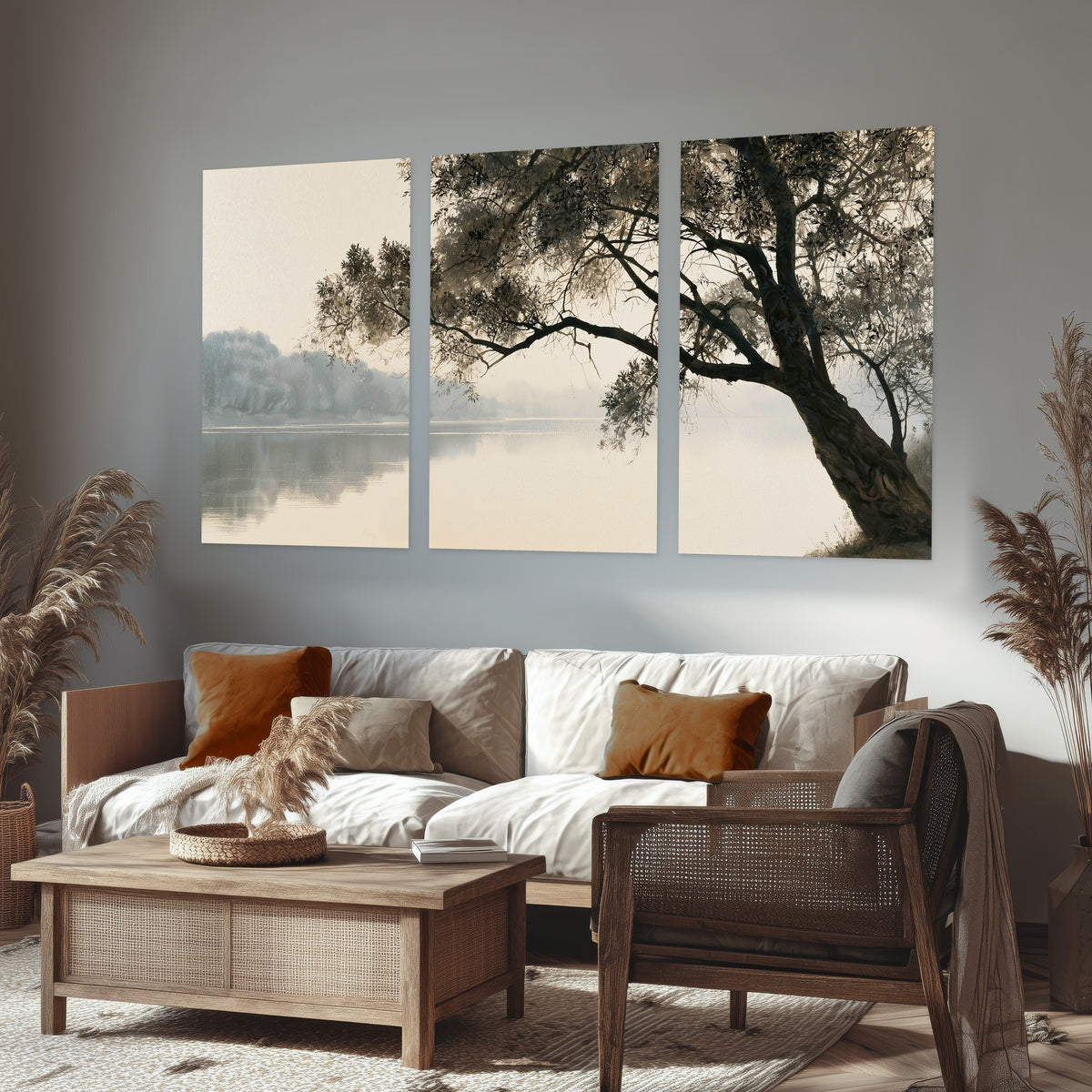 Tree silhouette misty lake painting set of 3 poster prints in a rustic living room