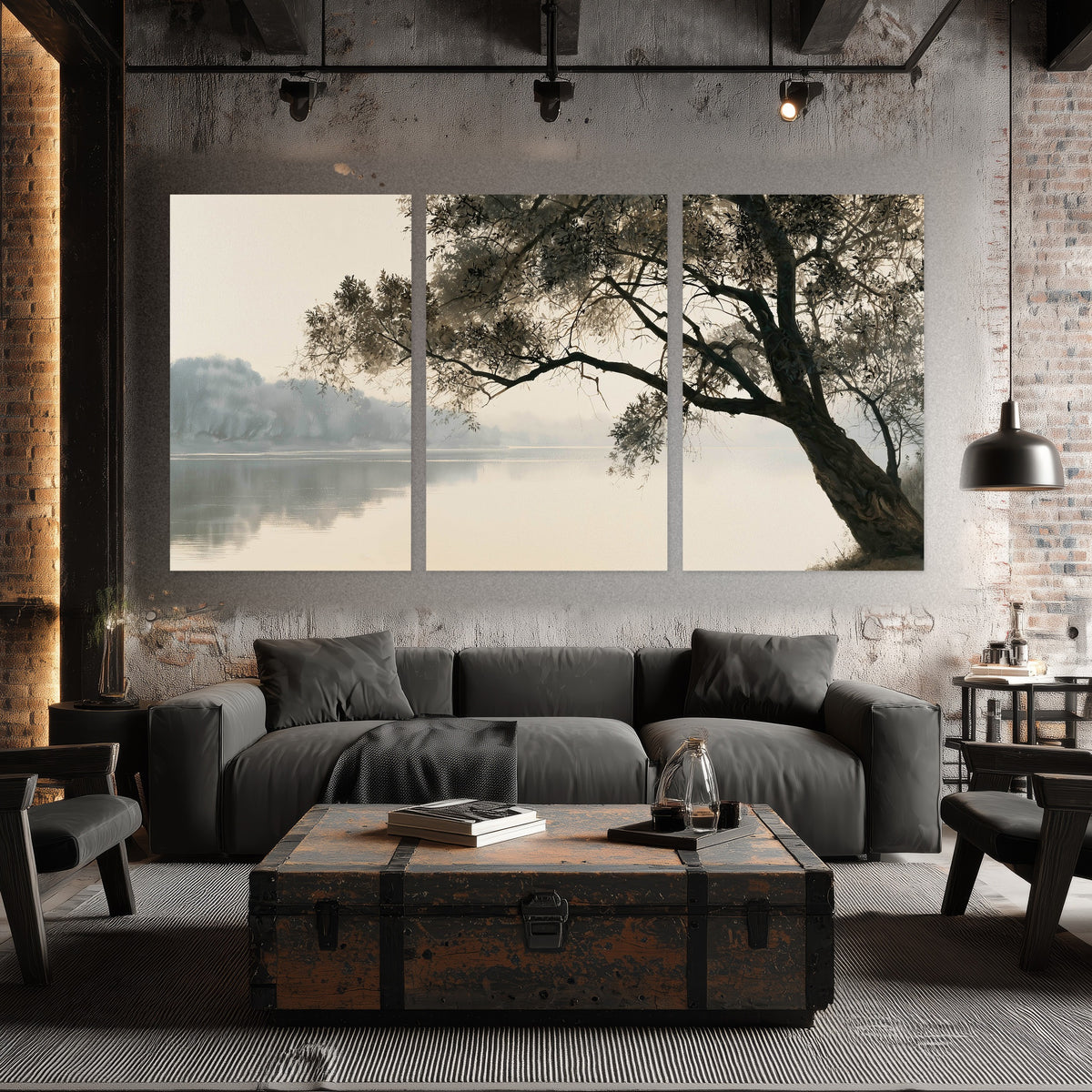 Tree silhouette misty lake painting set of 3 poster prints in an industrial loft