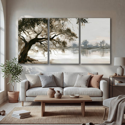 Lakeside tree sepia painting 3 piece canvas wall art in a bright living room