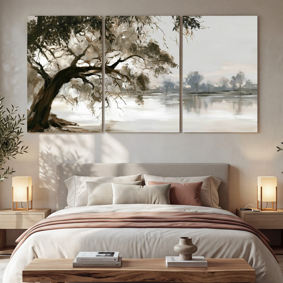 Lakeside tree sepia painting 3 piece canvas wall art in a bedroom above the bed