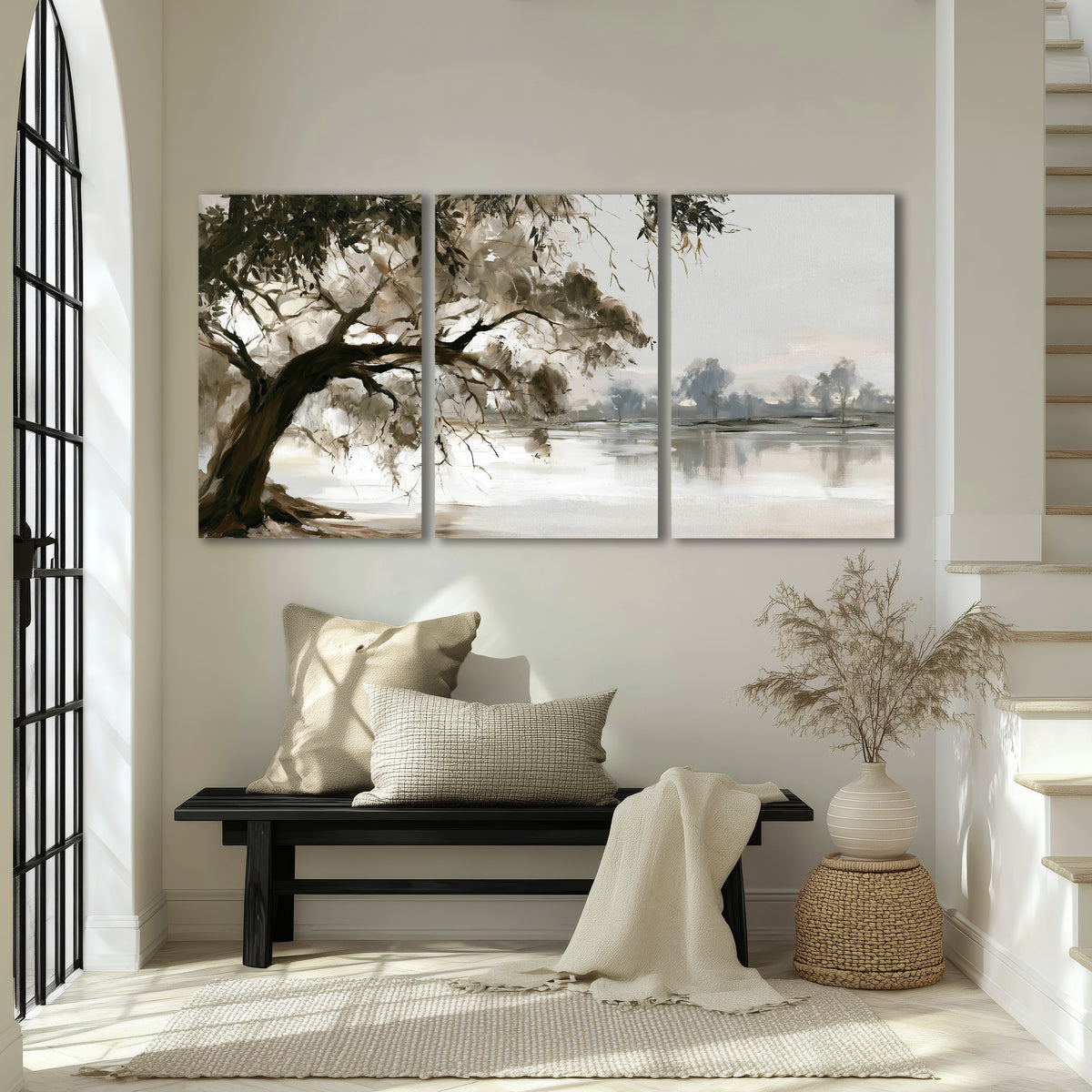 Lakeside tree sepia painting 3 piece canvas wall art in an entryway above a bench