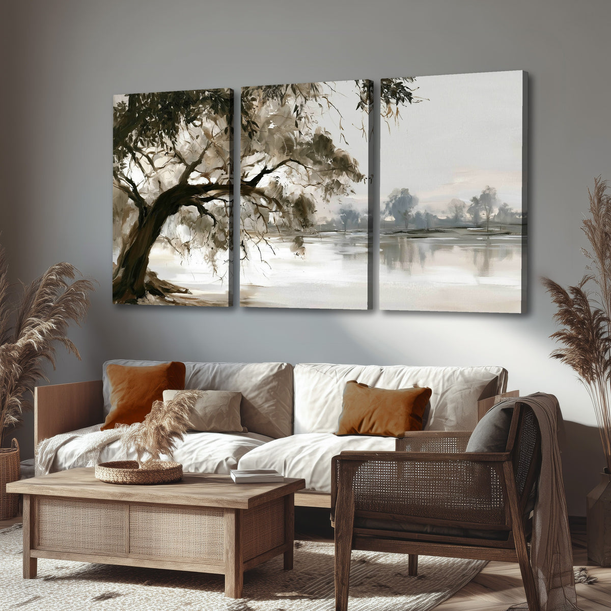 Lakeside tree sepia painting 3 piece canvas wall art in a rustic living room