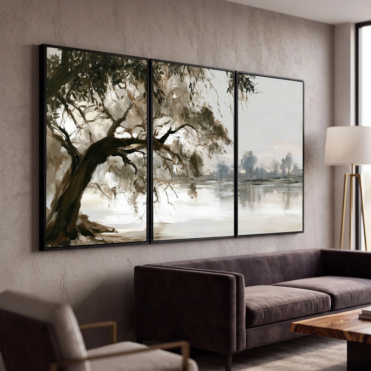 Lakeside tree sepia painting 3 piece canvas wall art in a modern living room