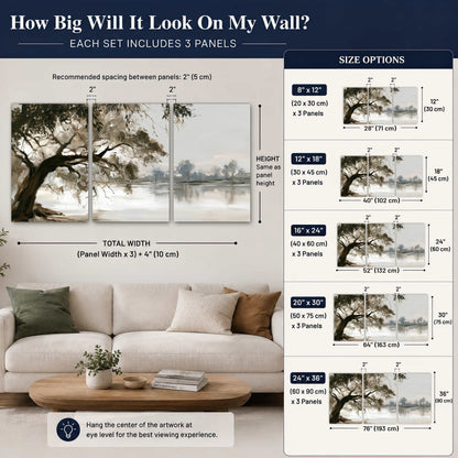 Lakeside tree sepia painting 3 piece canvas wall art size guide above a sofa