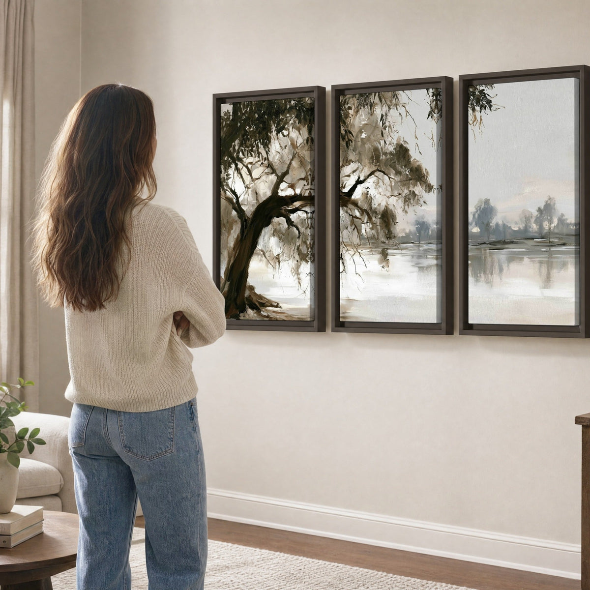 Lakeside tree sepia painting 3 piece framed canvas in a living room