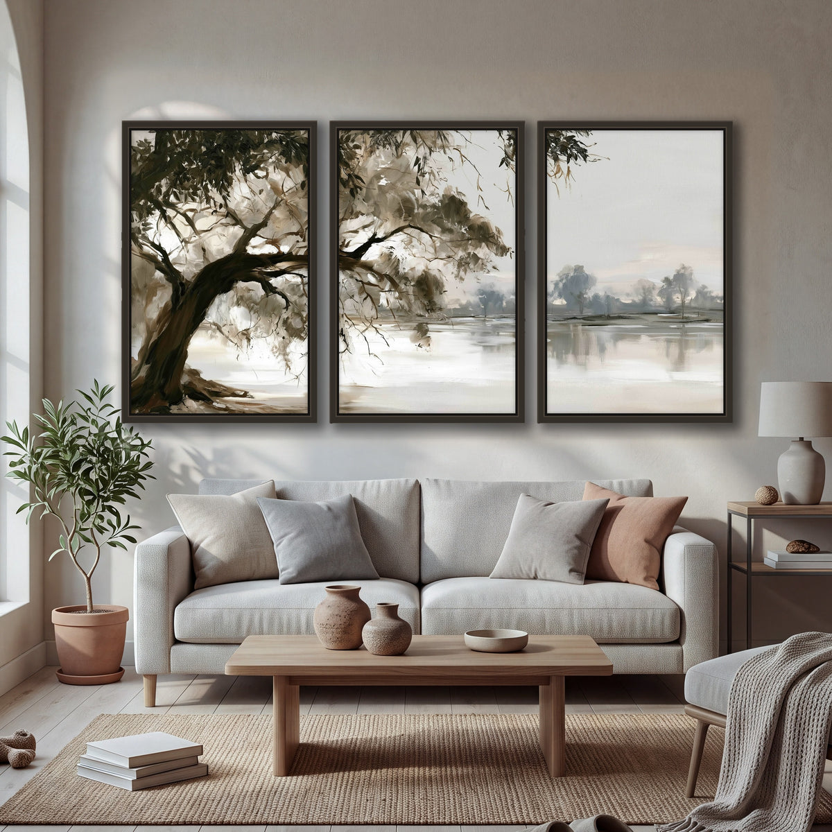 Lakeside tree sepia painting 3 piece framed canvas in a bright living room