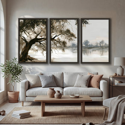 Lakeside tree sepia painting 3 piece framed canvas in a bright living room