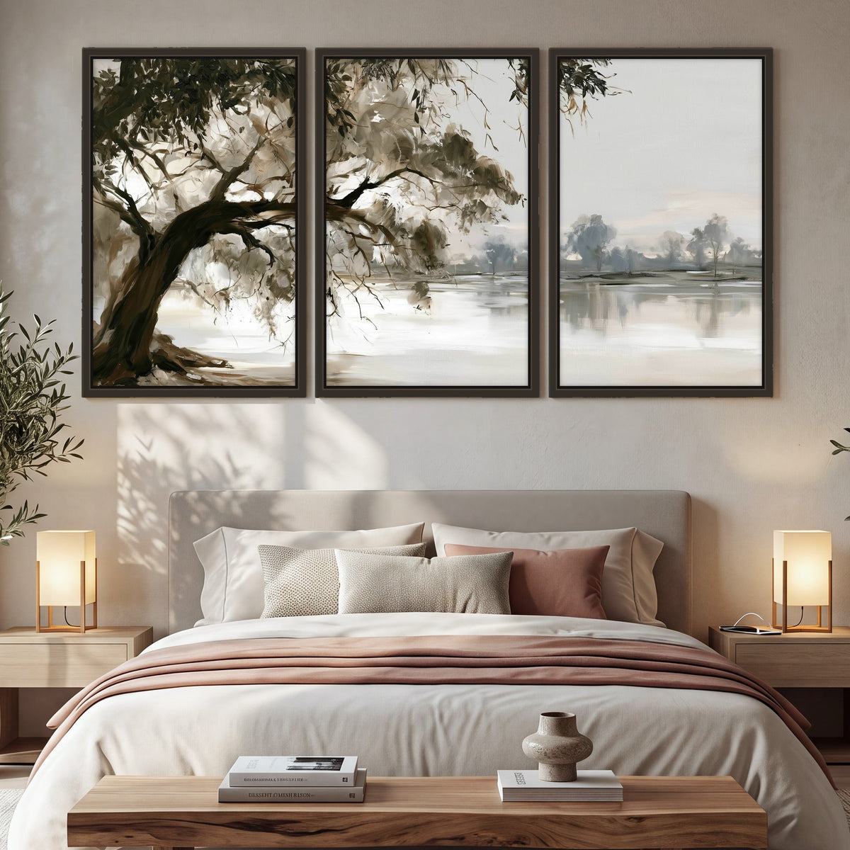 Lakeside tree sepia painting 3 piece framed canvas in a bedroom above the bed