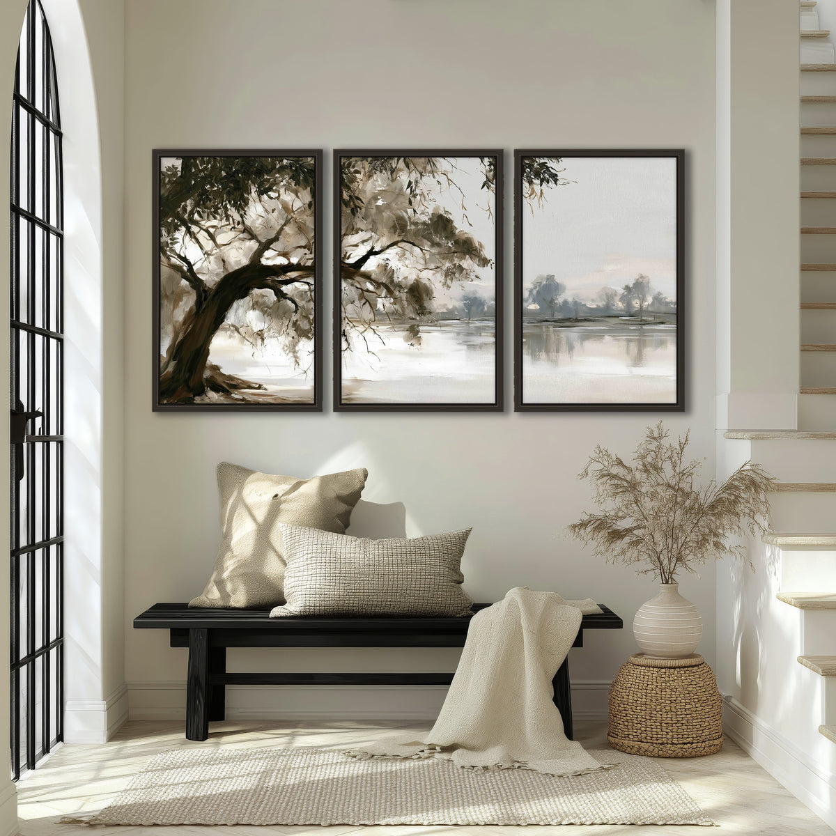 Lakeside tree sepia painting 3 piece framed canvas in an entryway above a bench