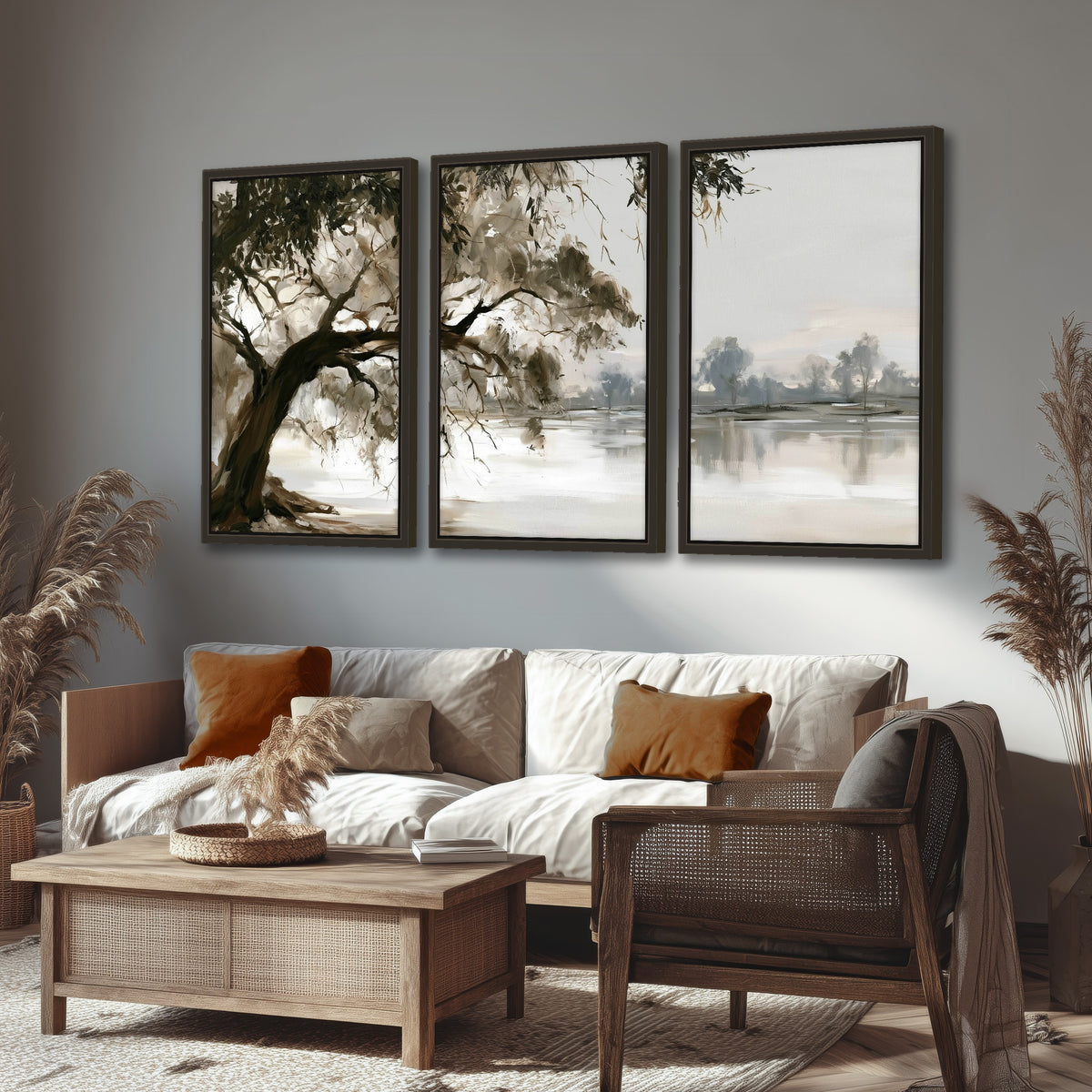 Lakeside tree sepia painting 3 piece framed canvas in a rustic living room