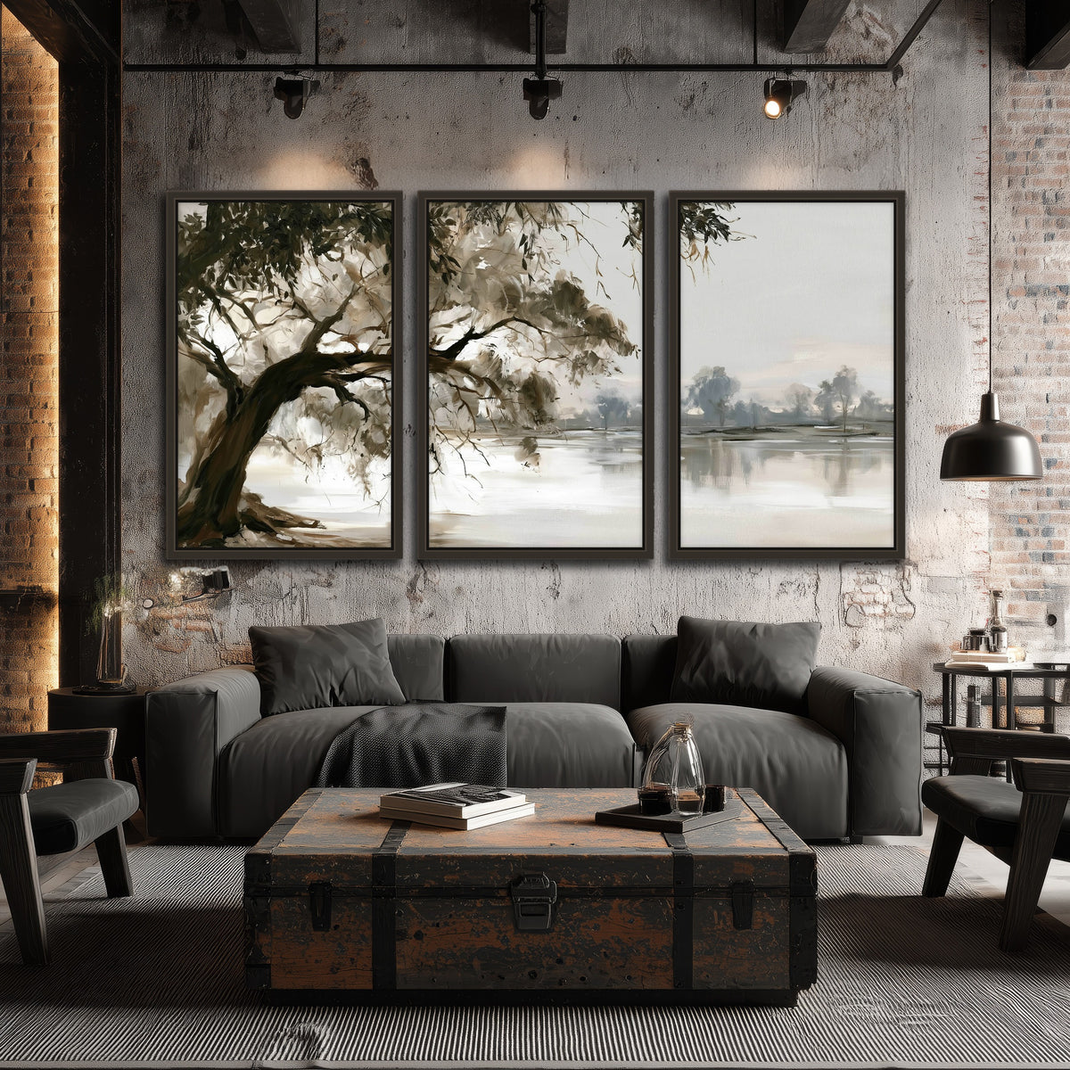 Lakeside tree sepia painting 3 piece framed canvas in an industrial loft