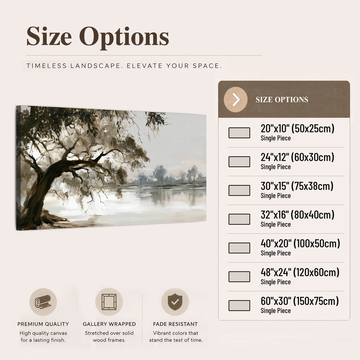Lakeside tree sepia painting canvas wall art size options