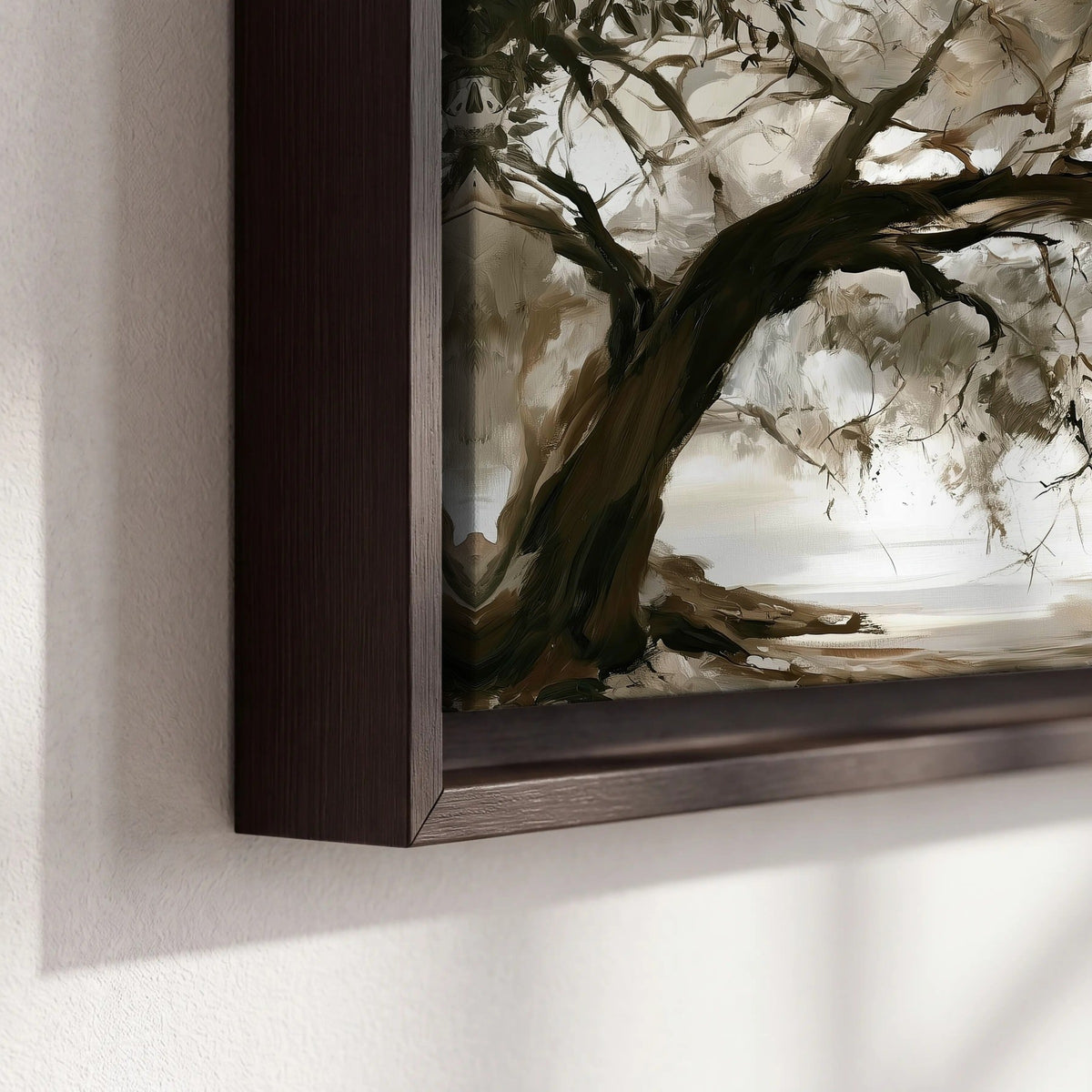 Lakeside tree sepia painting framed canvas close-up showing the floating frame