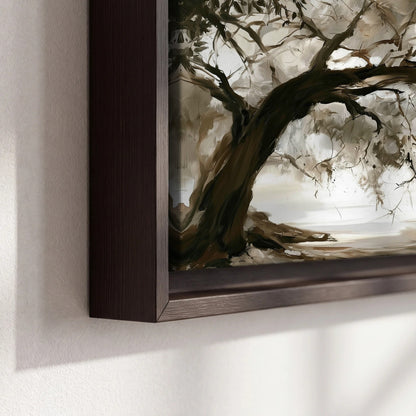 Lakeside tree sepia painting framed canvas close-up showing the floating frame