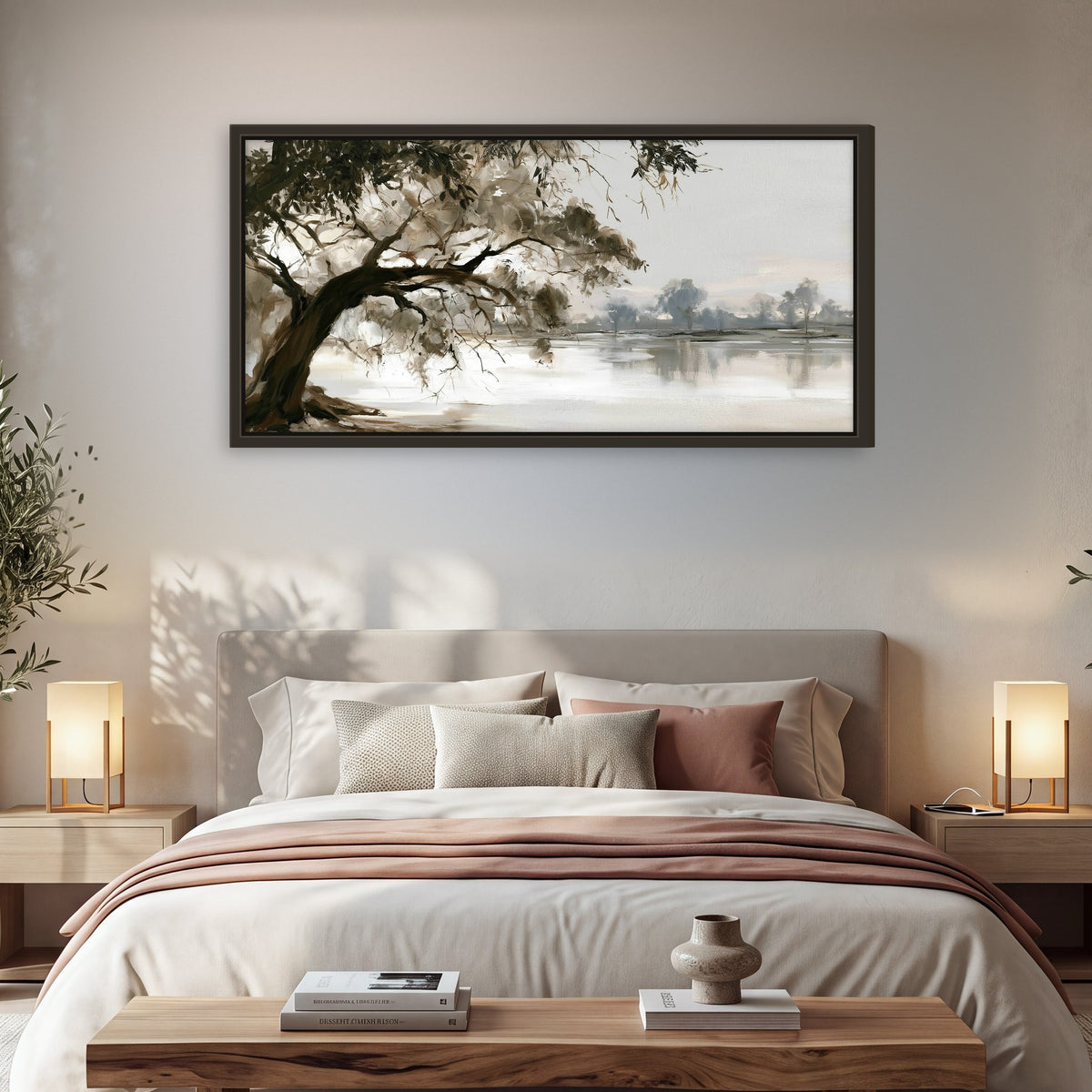 Lakeside tree sepia painting framed canvas wall art in a bedroom above the bed
