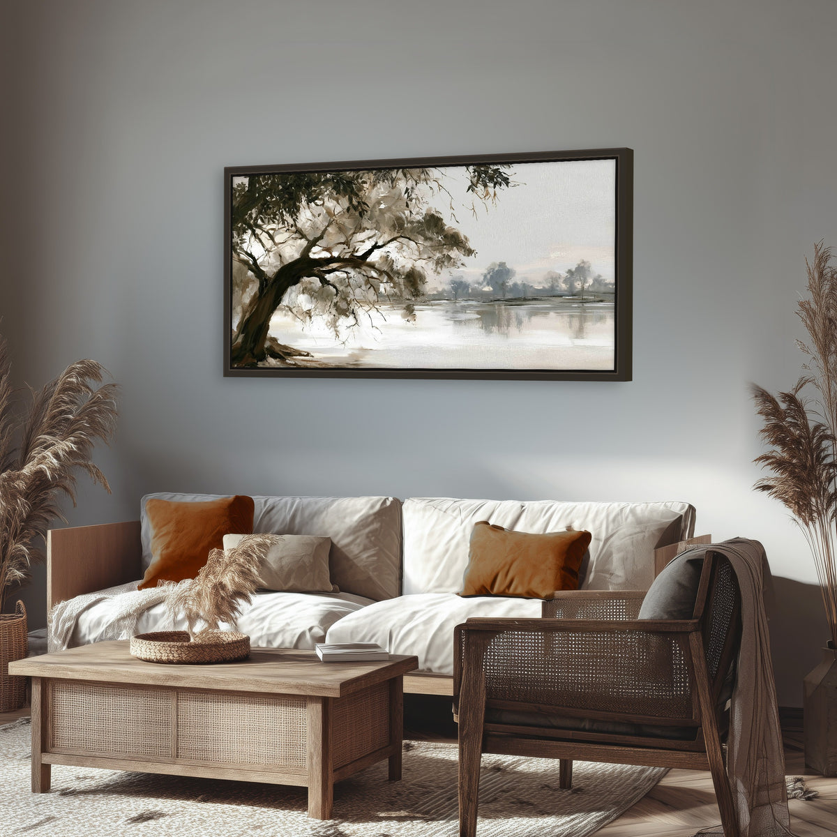 Lakeside tree sepia painting framed canvas wall art in a rustic living room