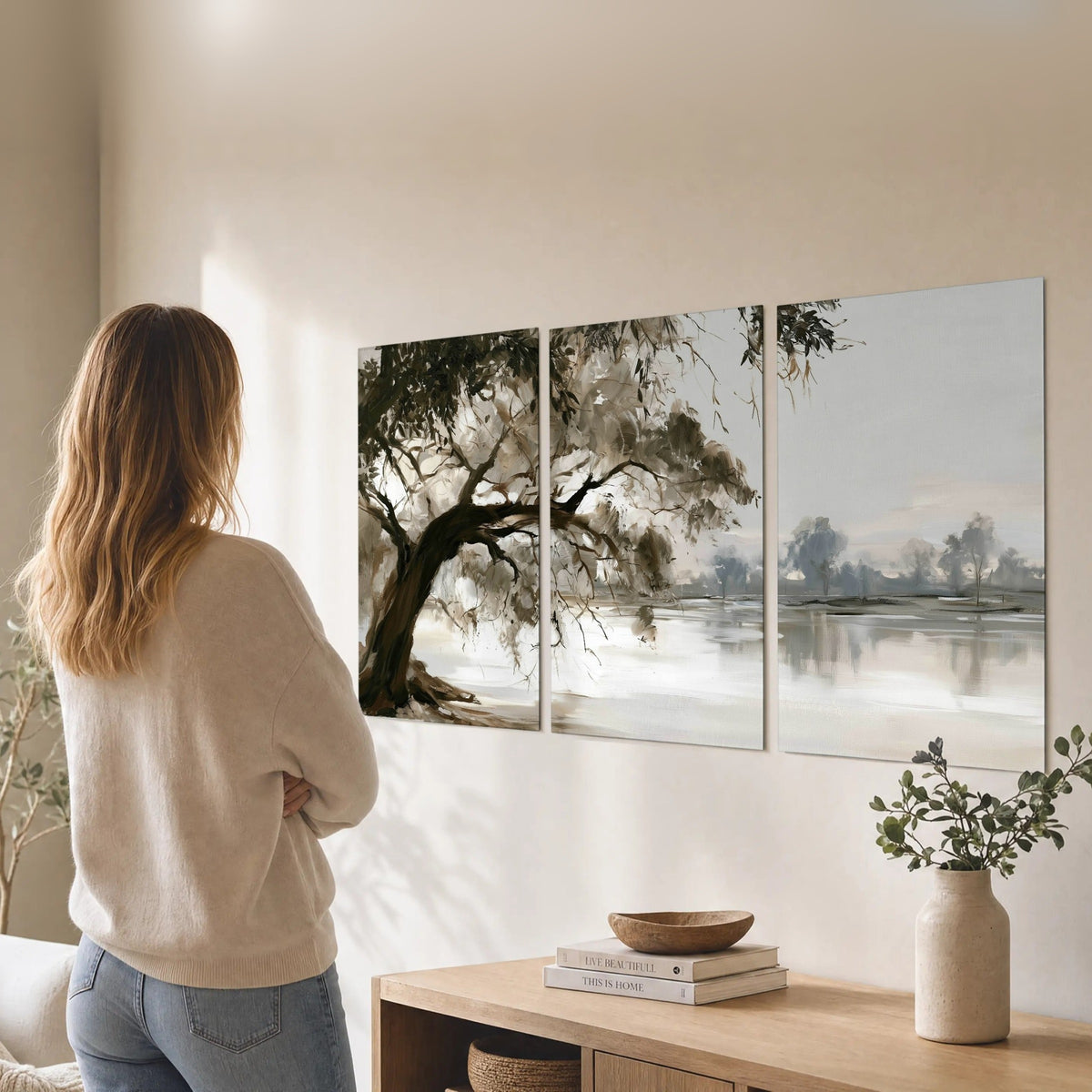 Lakeside tree sepia painting set of 3 poster prints in a living room