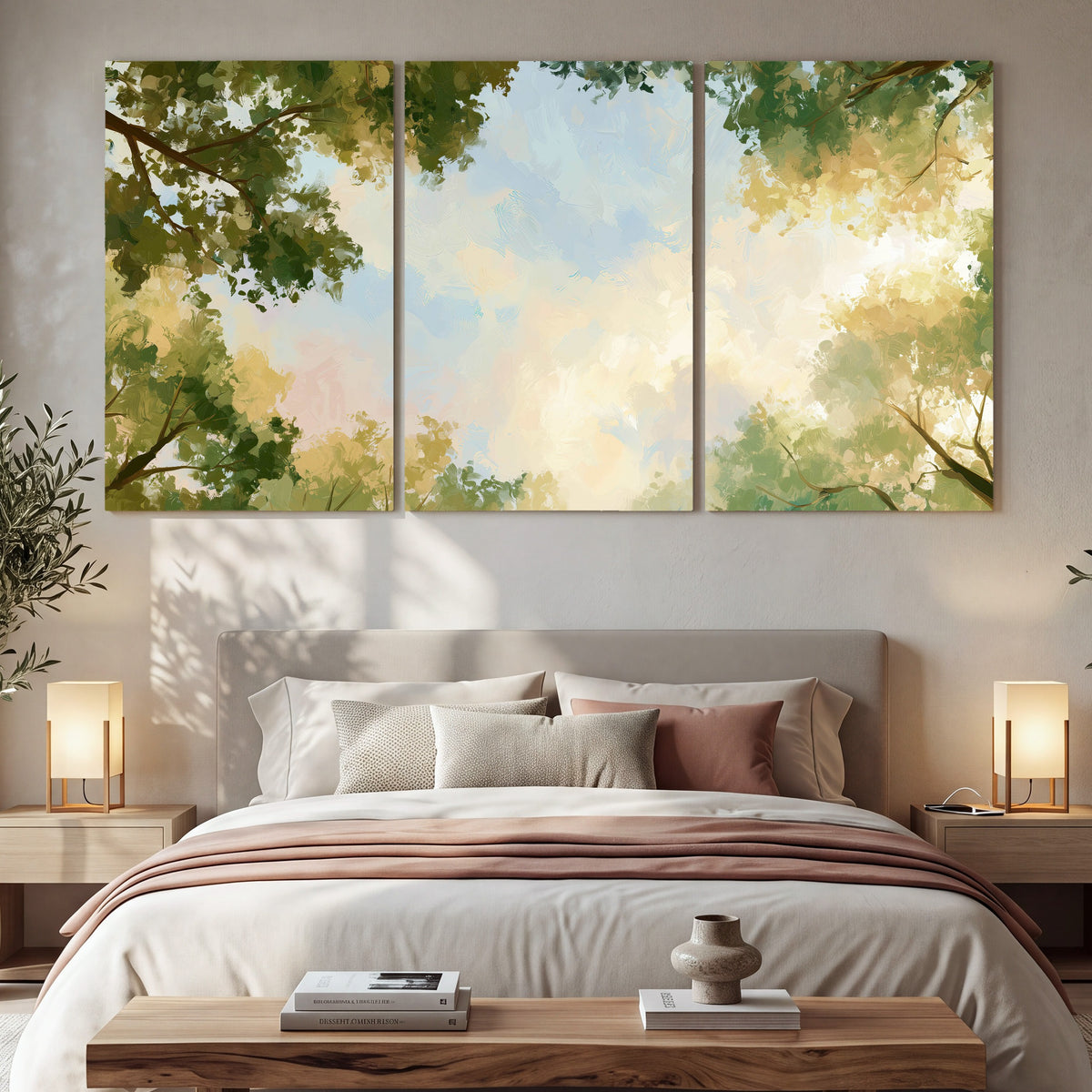 Tree canopy sky painting 3 piece canvas wall art in a bedroom above the bed