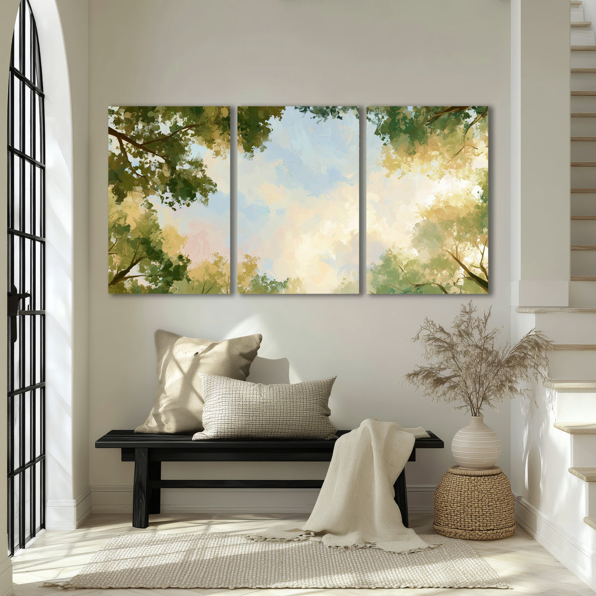 Tree canopy sky painting 3 piece canvas wall art in an entryway above a bench