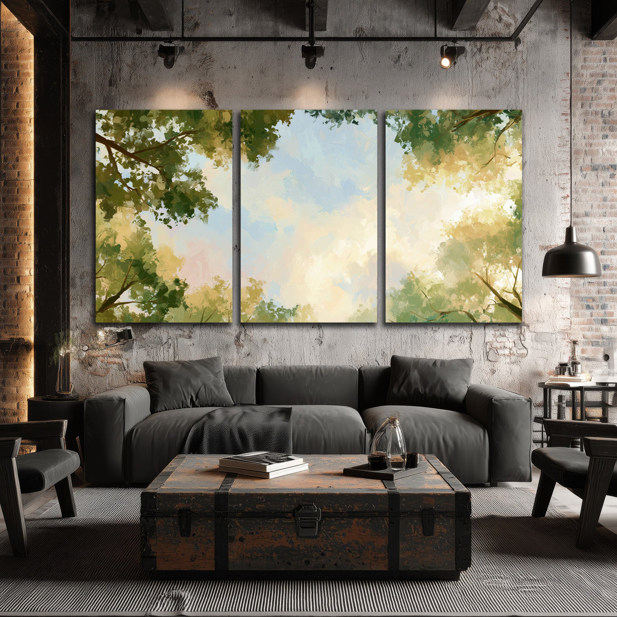 Tree canopy sky painting 3 piece canvas wall art in an industrial loft