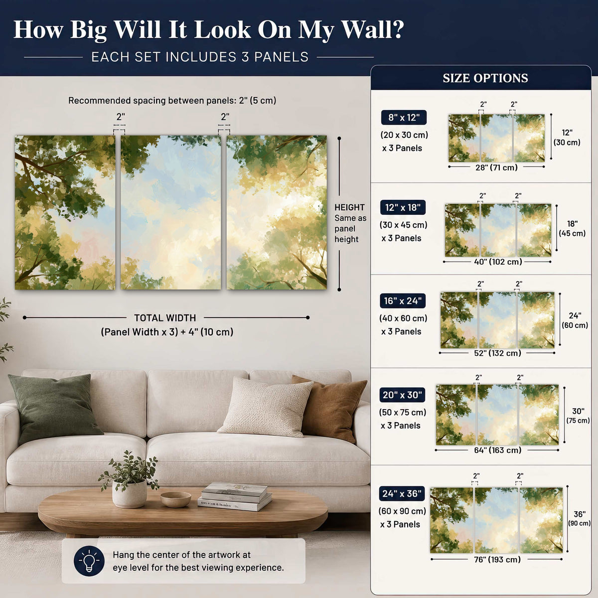 Tree canopy sky painting 3 piece canvas wall art size guide above a sofa