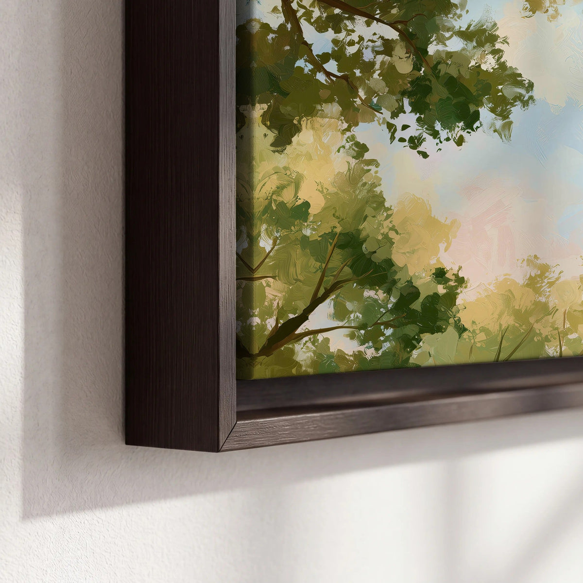 Tree canopy sky painting framed canvas close-up showing the floating frame
