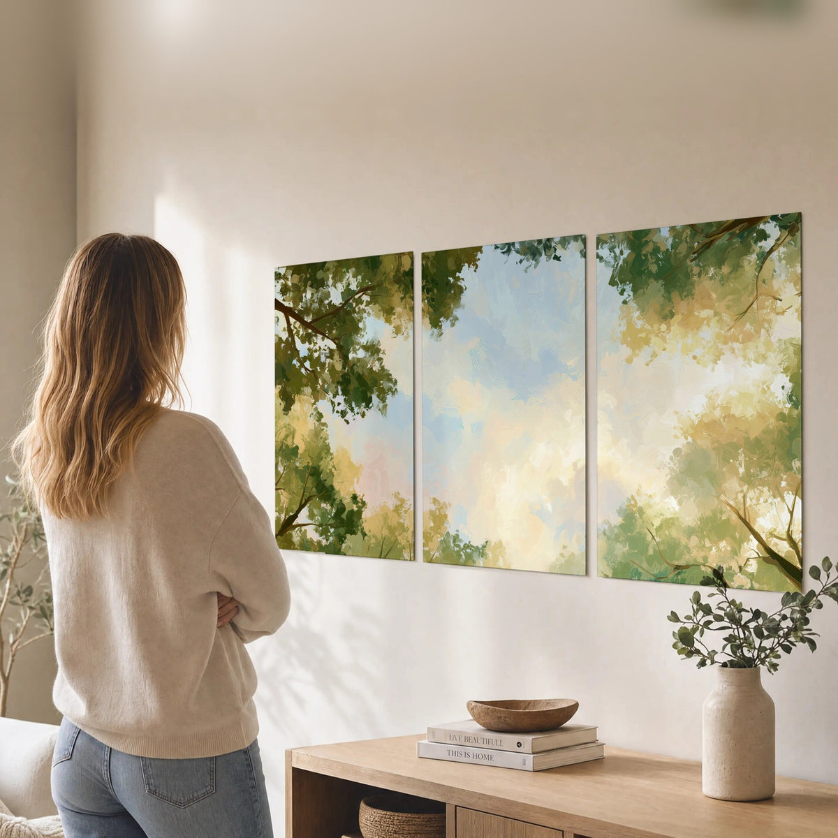 Tree canopy sky painting set of 3 poster prints in a living room